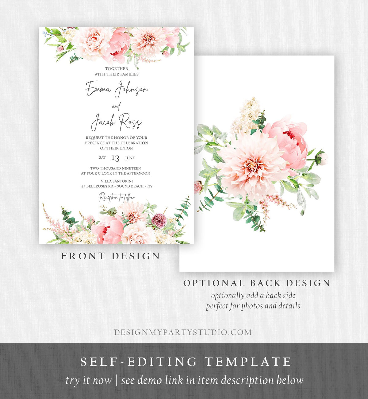Editable Botanical Flowers Wedding Invitation Floral Greenery Bridal Shower Pastel Pink Peony Colors Digital Corjl Template Printable 0167