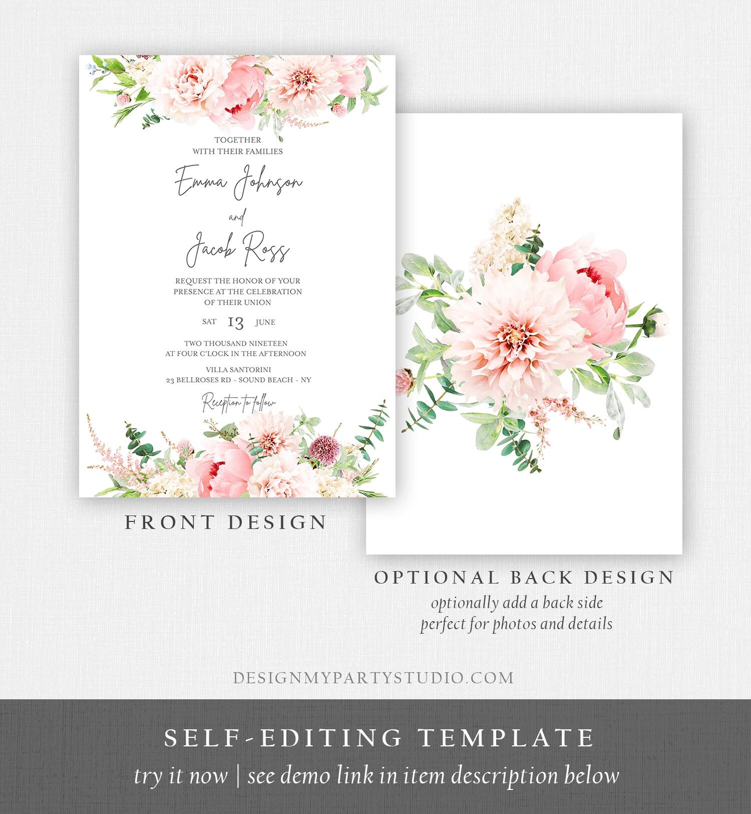 Editable Botanical Flowers Wedding Invitation Floral Greenery Bridal Shower Pastel Pink Peony Colors Digital Corjl Template Printable 0167