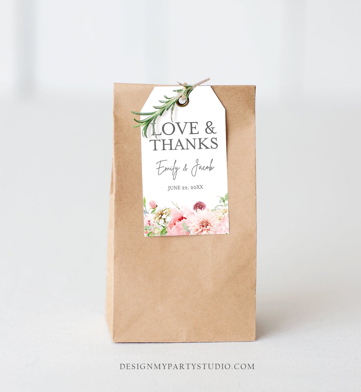 Editable Love and Thanks Favor Tag Botanical Flowers Thank You Tags Bridal Shower Wedding Pink Flowers Peony Corjl Template Printable 0167