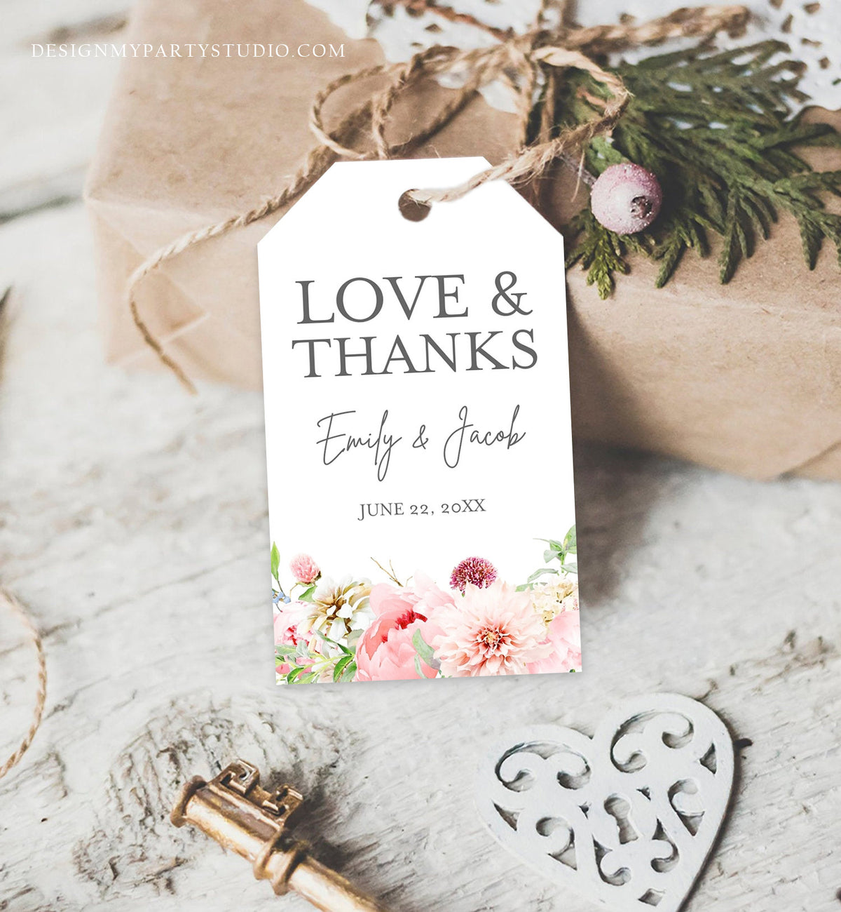 Editable Love and Thanks Favor Tag Botanical Flowers Thank You Tags Bridal Shower Wedding Pink Flowers Peony Corjl Template Printable 0167