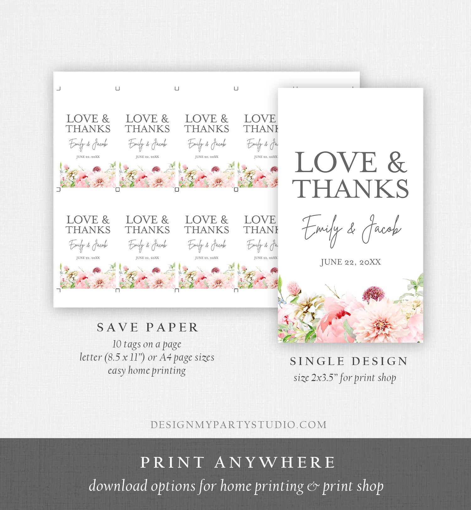 Editable Love and Thanks Favor Tag Botanical Flowers Thank You Tags Bridal Shower Wedding Pink Flowers Peony Corjl Template Printable 0167