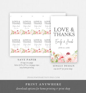 Editable Love and Thanks Favor Tag Botanical Flowers Thank You Tags Bridal Shower Wedding Pink Flowers Peony Corjl Template Printable 0167