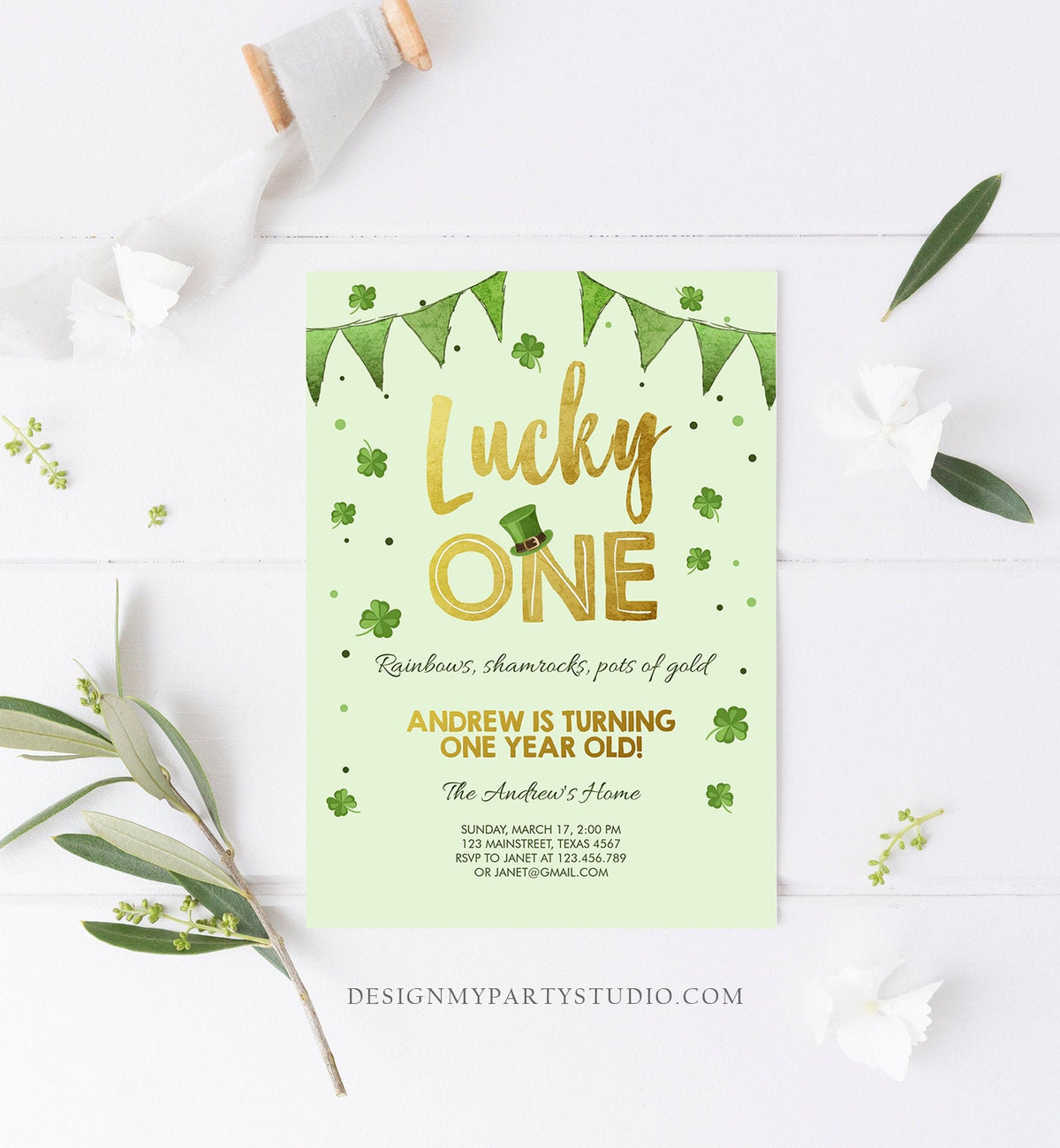 Editable St. Patrick&#39;s Day Birthday Invitation Shamrock Clover St Patricks day Birthday Lucky One Printable Invite Template Corjl 0115