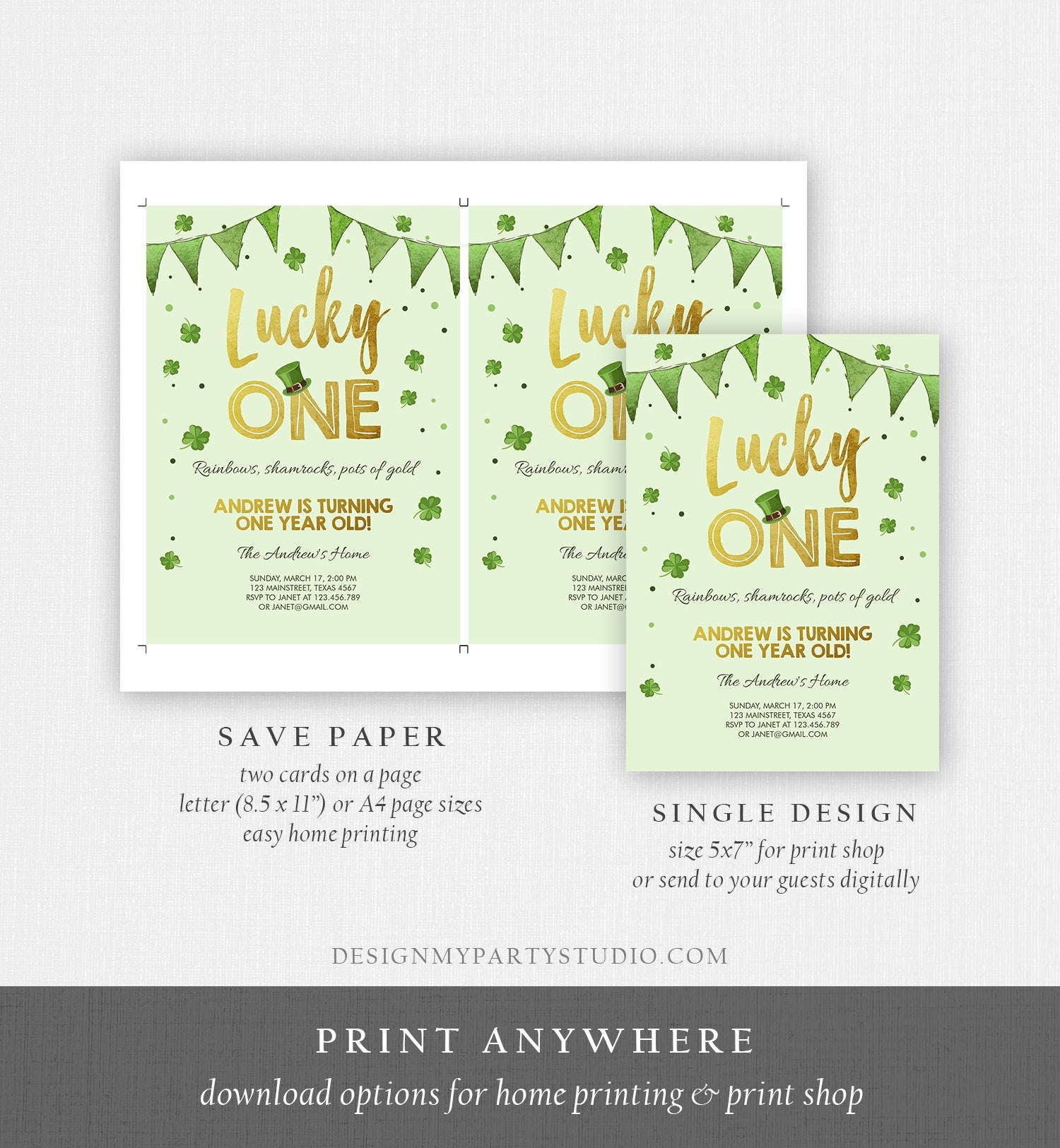Editable St. Patrick's Day Birthday Invitation Shamrock Clover St Patricks day Birthday Lucky One Printable Invite Template Corjl 0115
