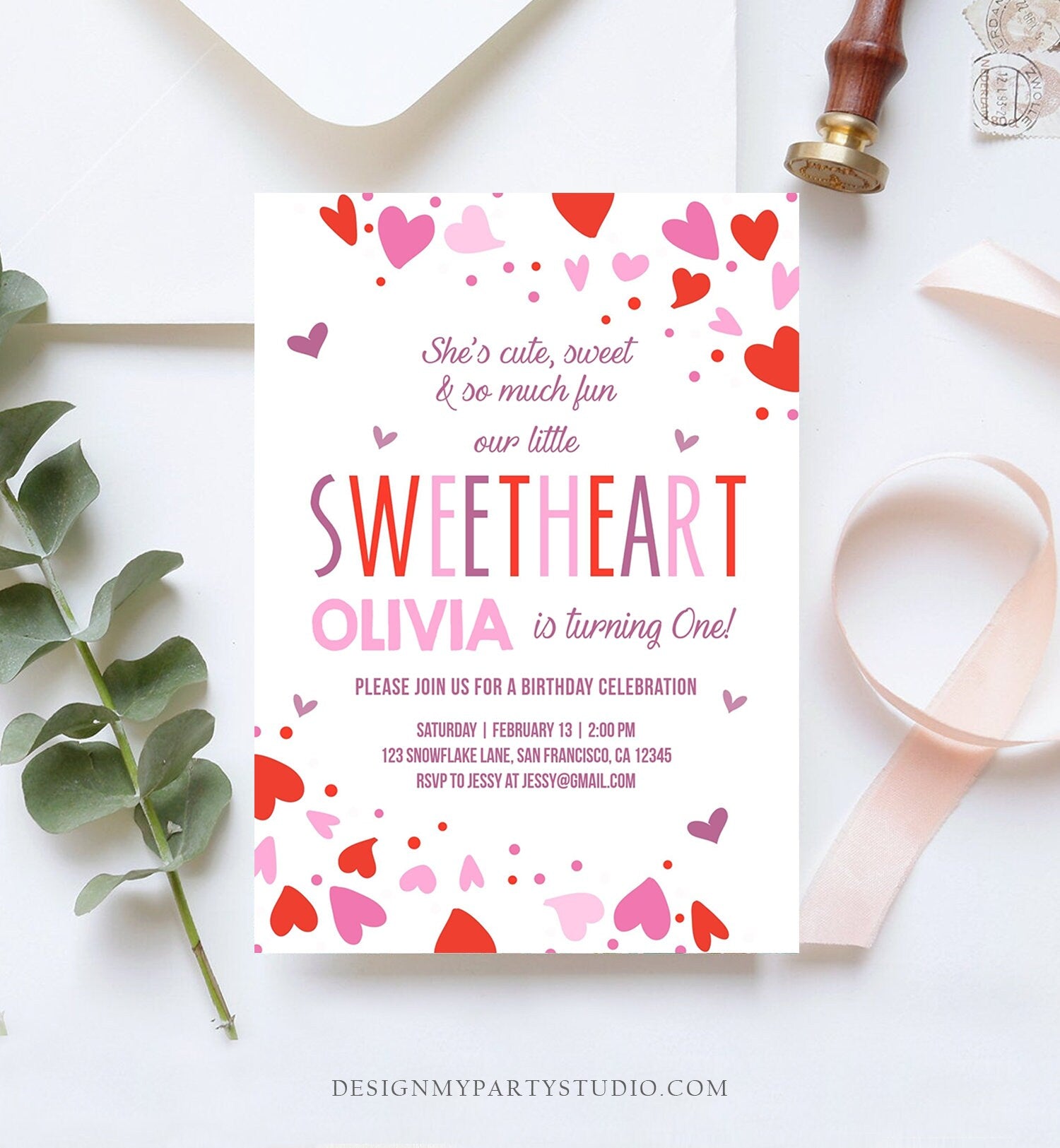Editable Little Sweetheart Birthday Invitation Valentine Girl Hearts Pink Purple First Birthday 1st Download Corjl Template Printable 0288
