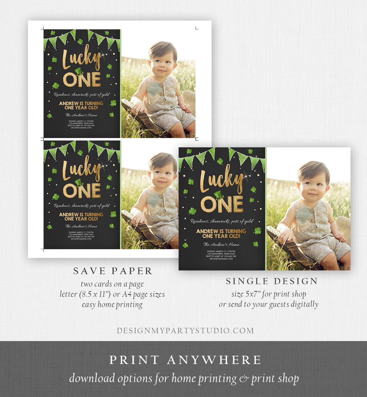 Editable St. Patrick&#39;s Day Birthday Invitation Shamrock Clover St Patricks day Birthday Lucky One Printable Invite Template Corjl 0115