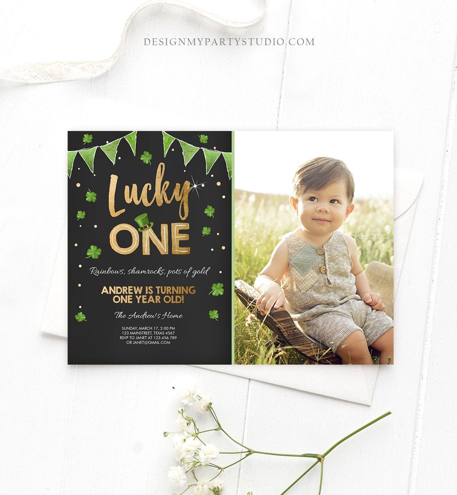 Editable St. Patrick's Day Birthday Invitation Shamrock Clover St Patricks day Birthday Lucky One Printable Invite Template Corjl 0115