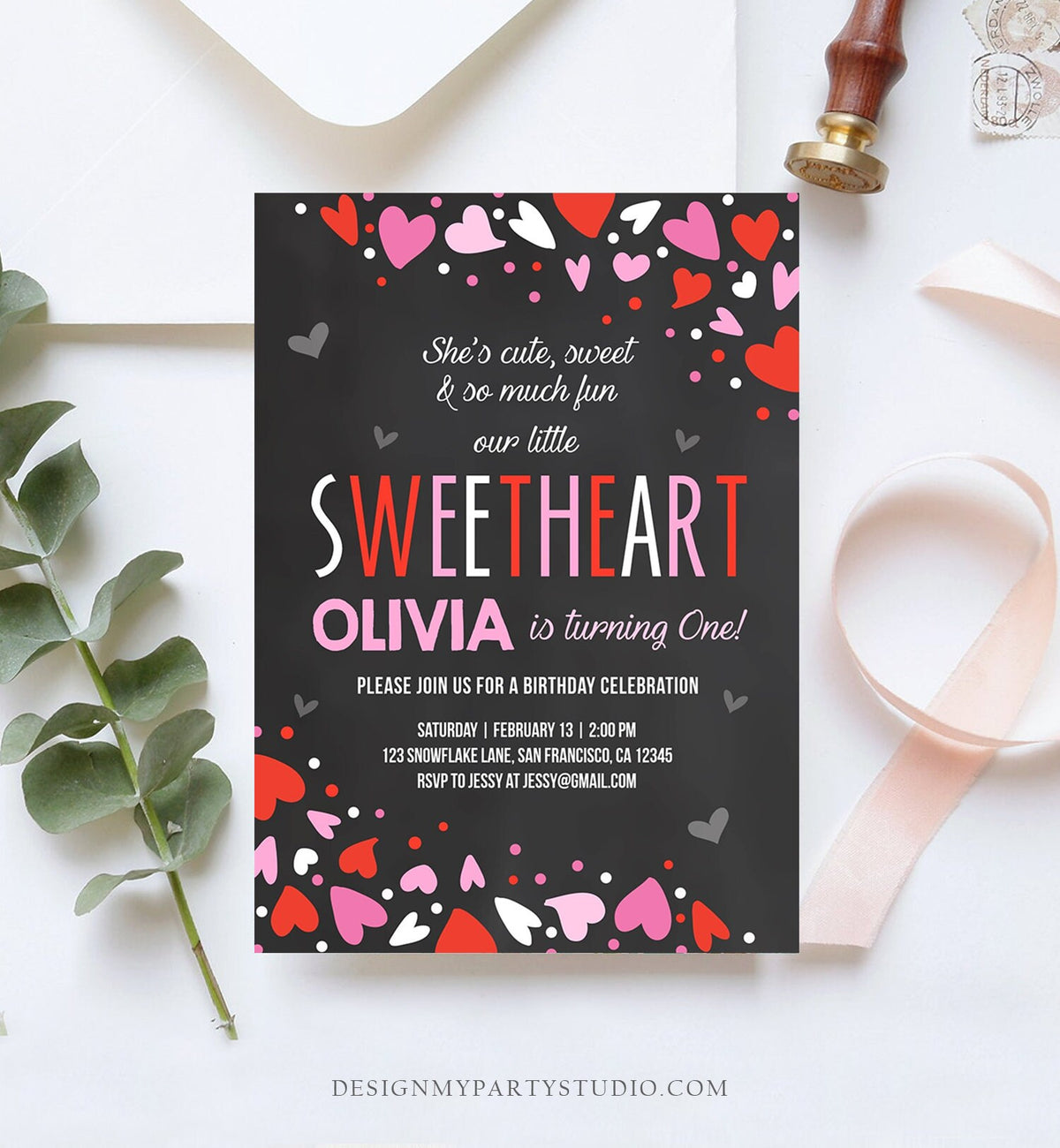 Editable Little Sweetheart Birthday Invitation Valentine Girl Hearts Pink Purple First Birthday 1st Download Corjl Template Printable 0288