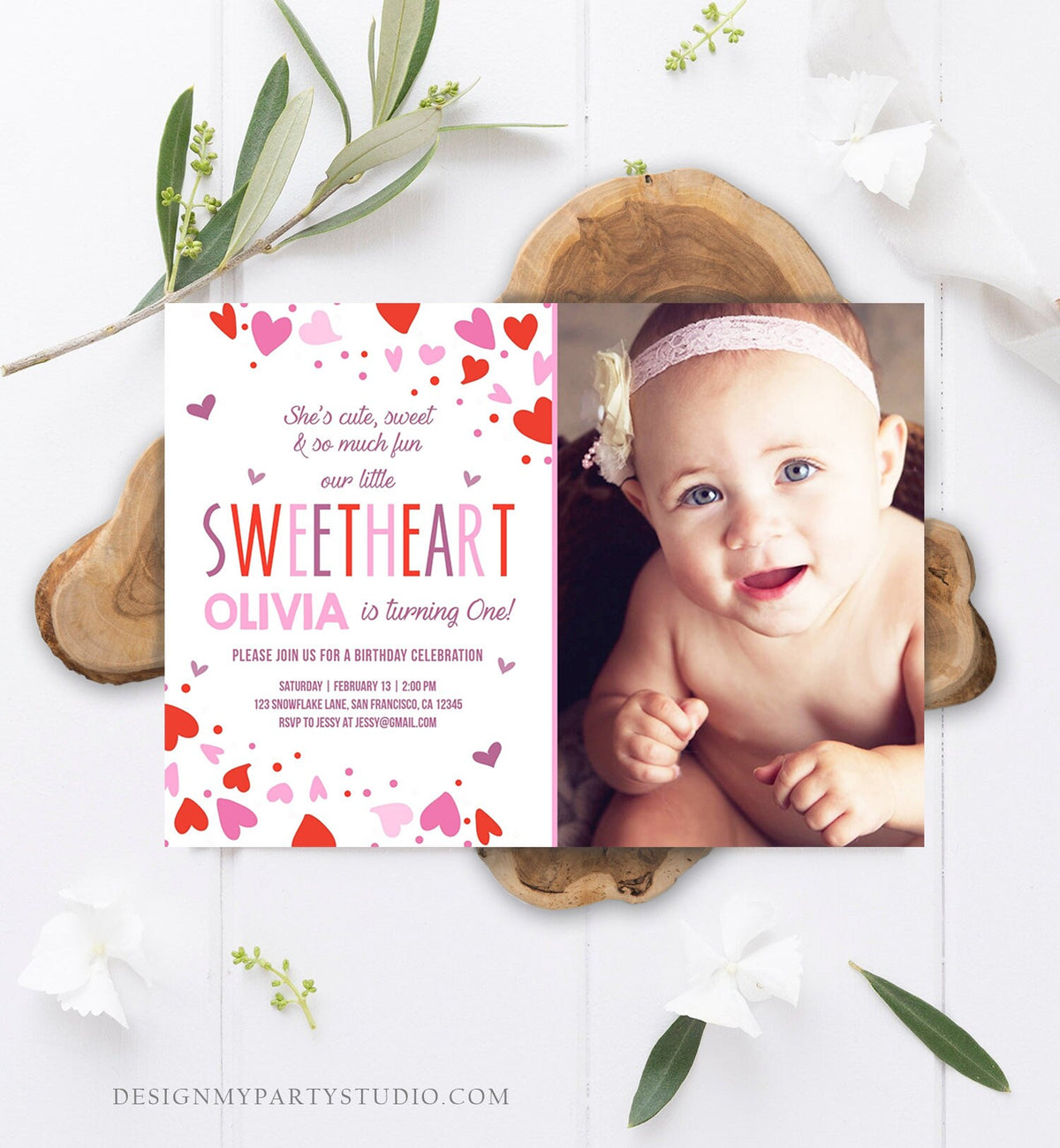 Editable Little Sweetheart Birthday Invitation Valentine Girl Hearts Pink Purple First Birthday 1st Download Corjl Template Printable 0288