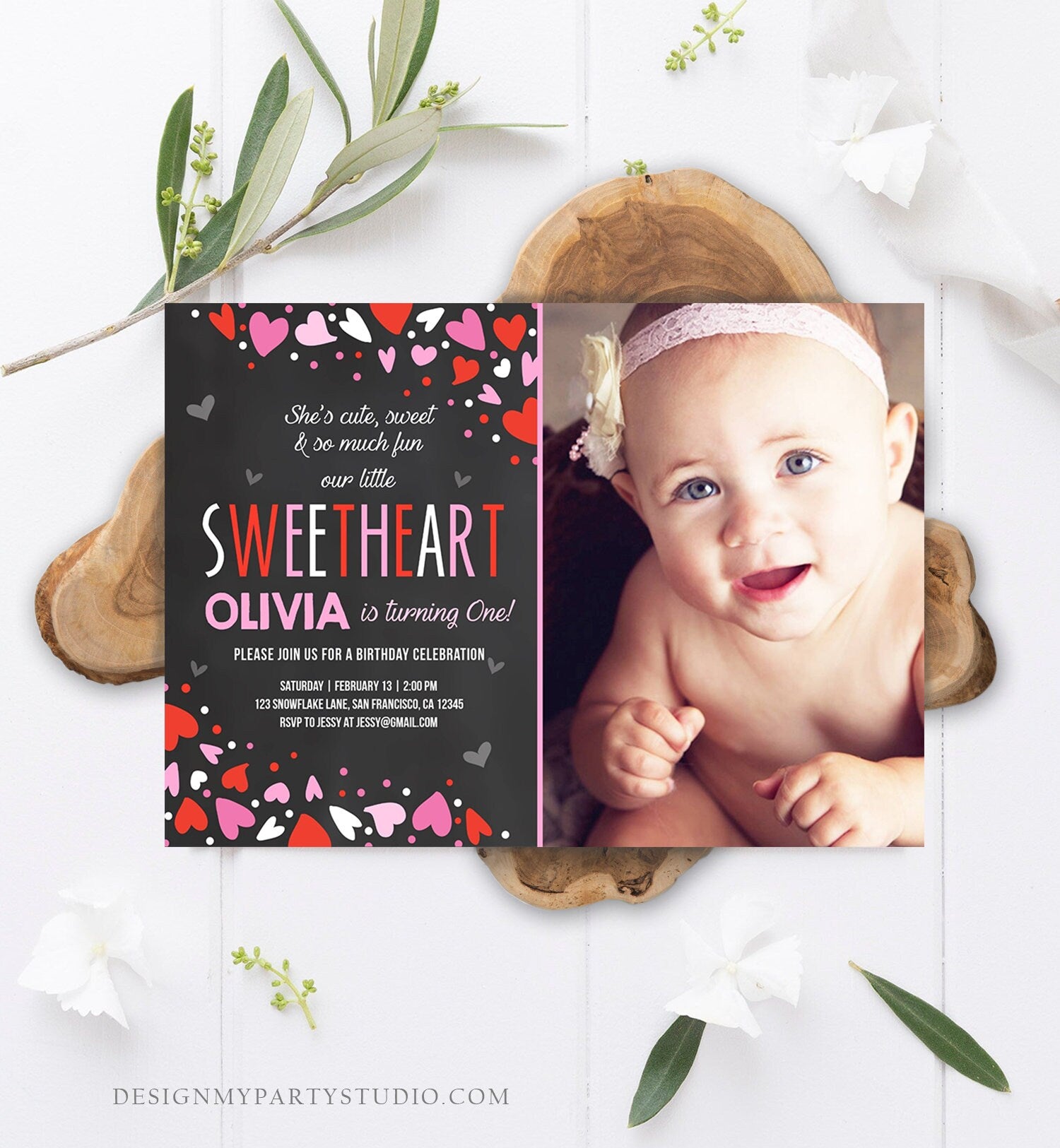 Editable Little Sweetheart Birthday Invitation Valentine Girl Hearts Pink Purple First Birthday 1st Download Corjl Template Printable 0288