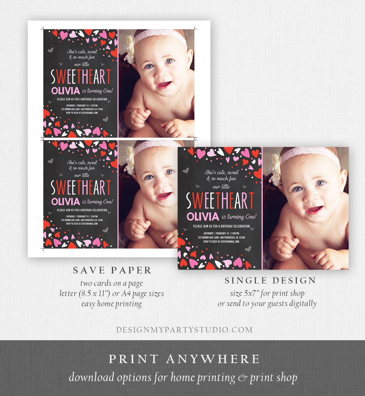 Editable Little Sweetheart Birthday Invitation Valentine Girl Hearts Pink Purple First Birthday 1st Download Corjl Template Printable 0288