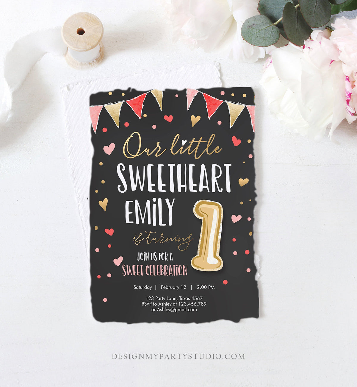 Editable Little Sweetheart Birthday Invitation Valentine Girl Hearts Pink Gold First Birthday 1st Download Corjl Template Printable 0290