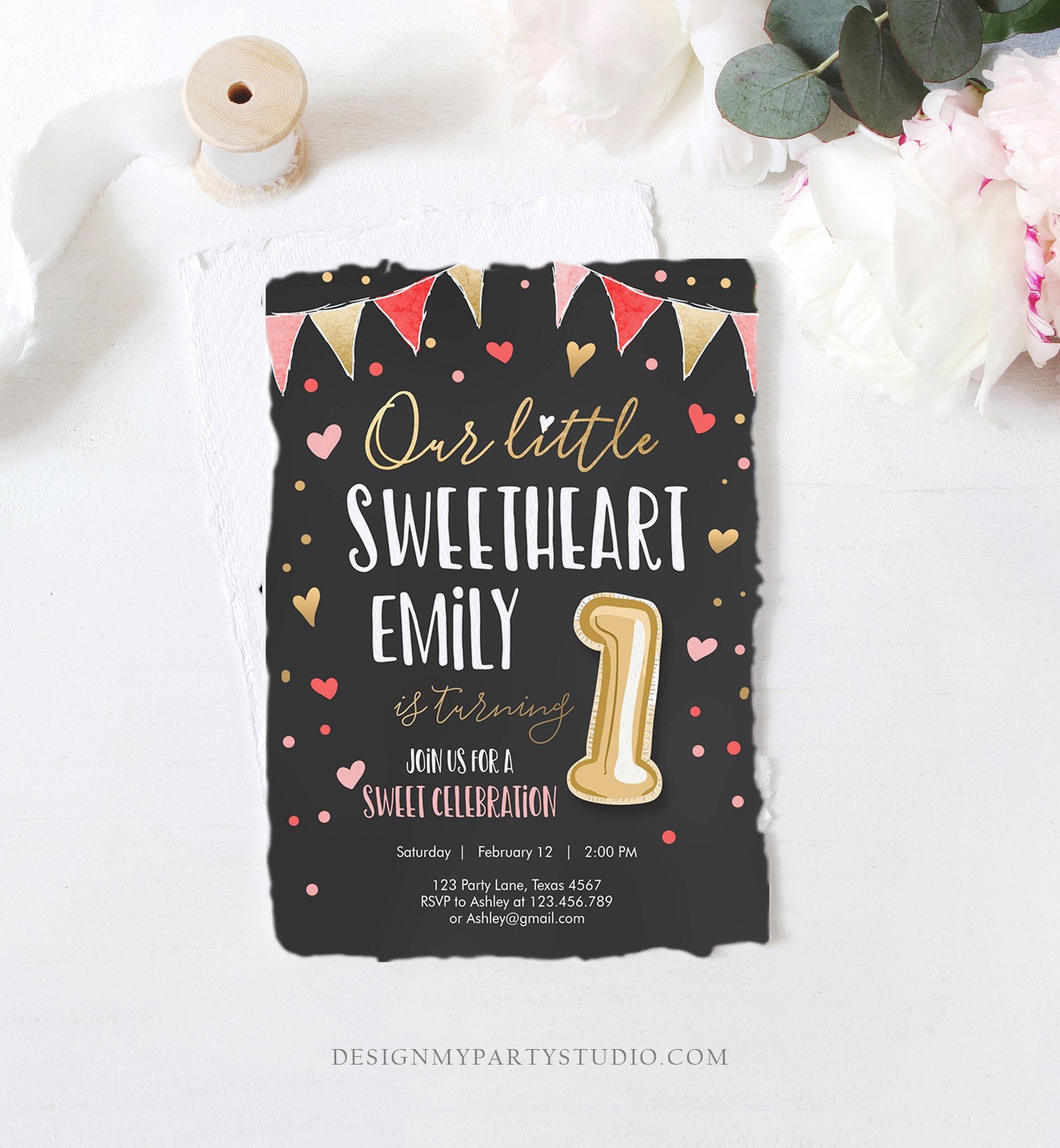Editable Little Sweetheart Birthday Invitation Valentine Girl Hearts Pink Gold First Birthday 1st Download Corjl Template Printable 0290