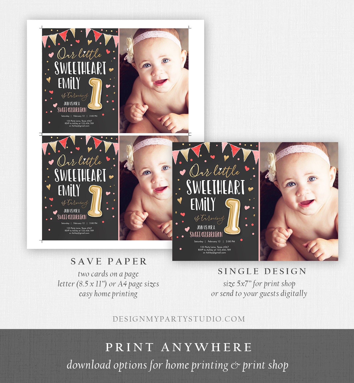 Editable Little Sweetheart Birthday Invitation Valentine Girl Hearts Pink Gold First Birthday 1st Download Corjl Template Printable 0290