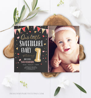 Editable Little Sweetheart Birthday Invitation Valentine Girl Hearts Pink Gold First Birthday 1st Download Corjl Template Printable 0290