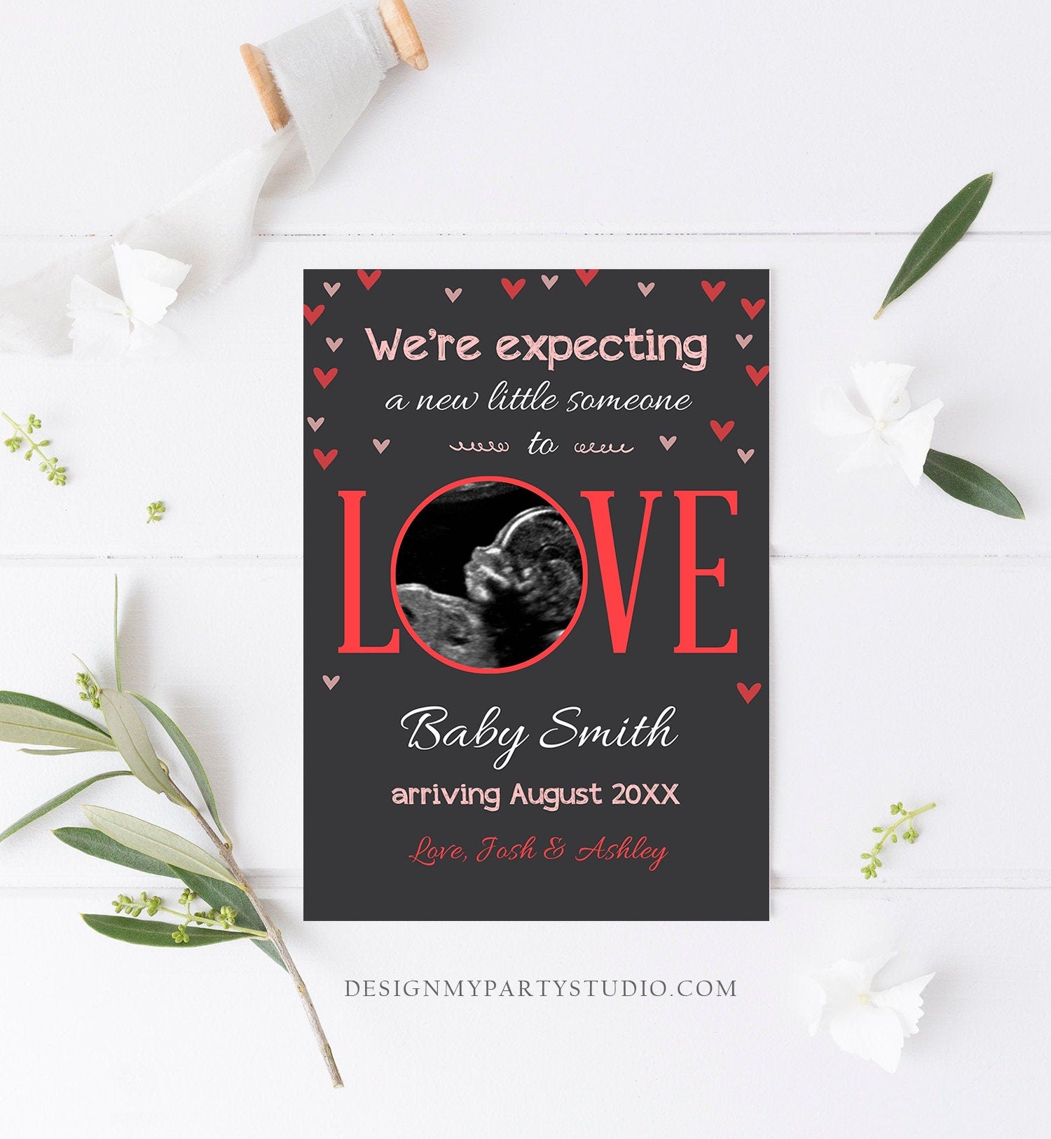 Editable Love Pregnancy Reveal Announcement Valentine Hearts Baby on the Way Pregnant Pink Girl Download Corjl Template Printable 0291