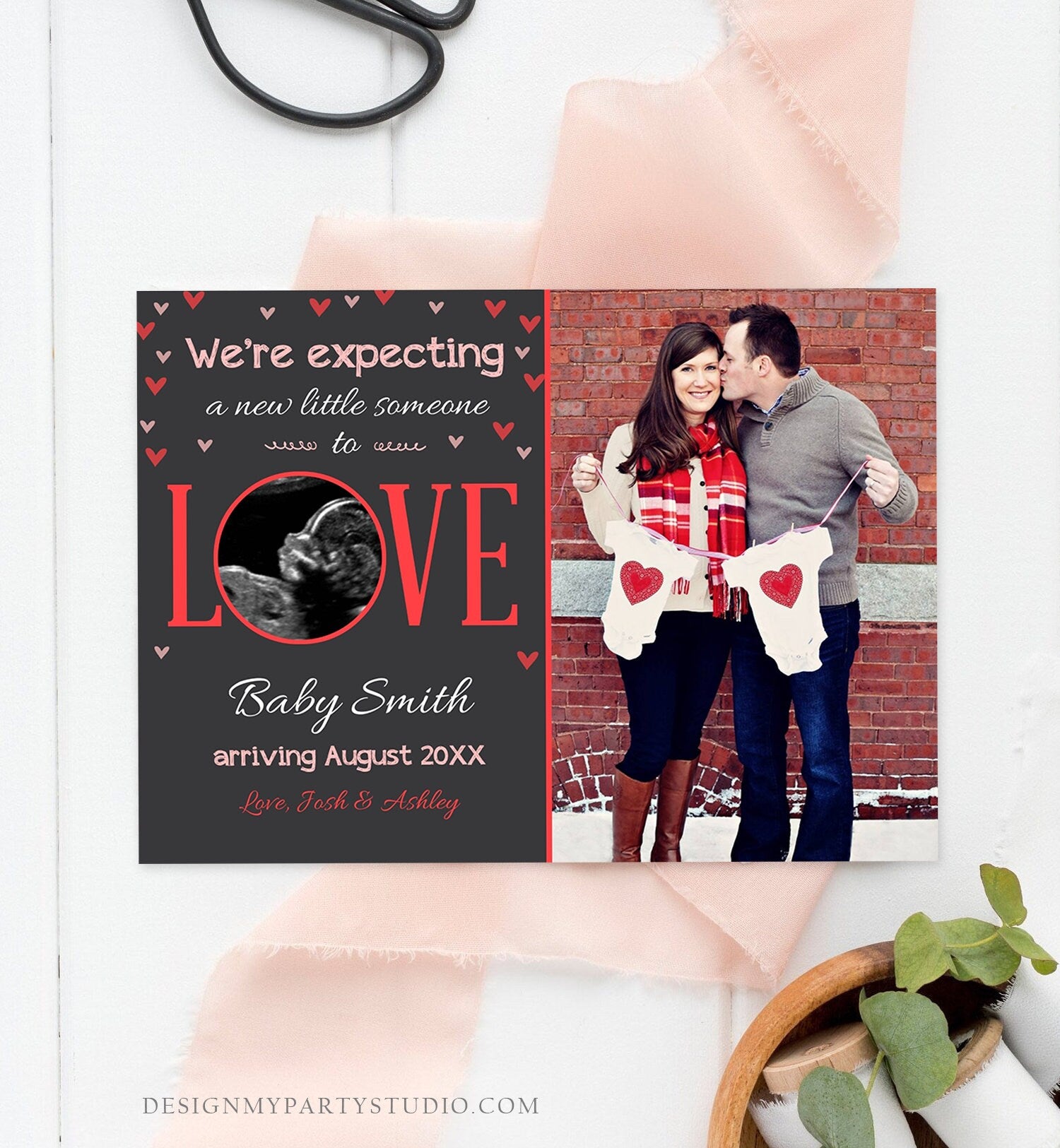 Editable Love Pregnancy Reveal Announcement Valentine Hearts Baby on the Way Pregnant Pink Girl Download Corjl Template Printable 0291