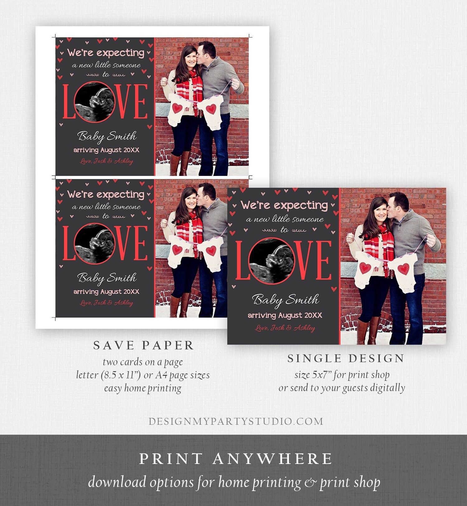 Editable Love Pregnancy Reveal Announcement Valentine Hearts Baby on the Way Pregnant Pink Girl Download Corjl Template Printable 0291