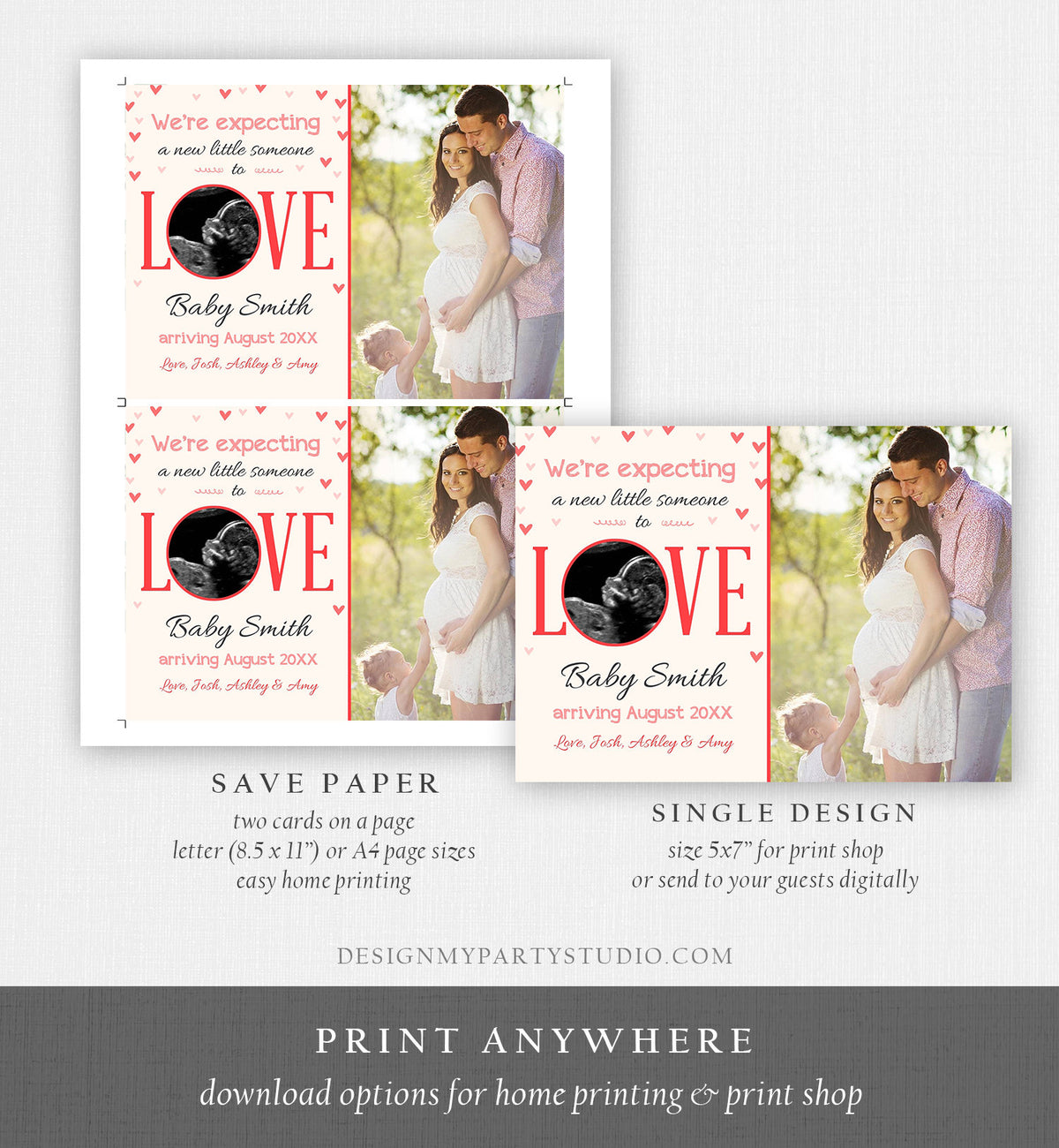 Editable Love Pregnancy Reveal Announcement Valentine Hearts Baby on the Way Pregnant Pink Girl Download Corjl Template Printable 0291