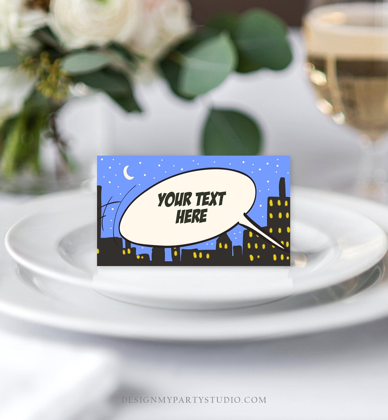 Editable Superhero Food Labels Superhero Folding Buffet Cards Place Card Super Hero Birthday Boy Comic Book Superheroes Corjl Template 0300