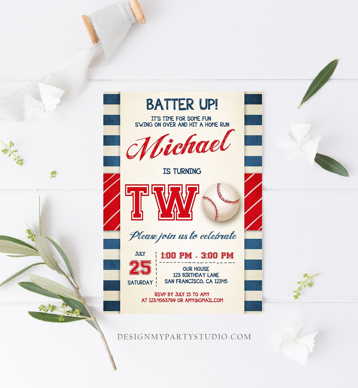 Editable Baseball 2nd Birthday Invitation Boy Little Slugger Rookie of The Year Download Printable Invitation Template Digital Corjl 0069