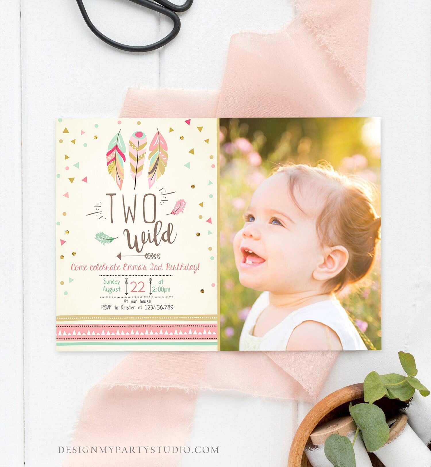 Editable Two Wild Birthday Invitation Feathers Tribal Girl Pink Boho Arrow Coral Mint Instant Download Printable Corjl Template Digital 0073