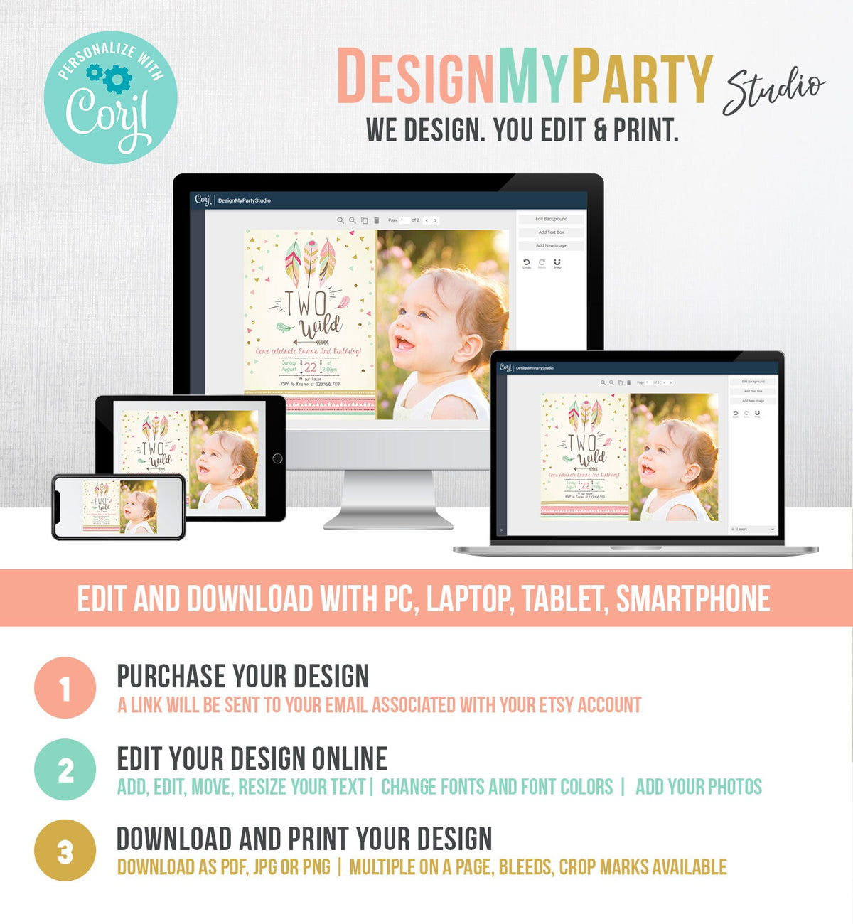 Editable Two Wild Birthday Invitation Feathers Tribal Girl Pink Boho Arrow Coral Mint Instant Download Printable Corjl Template Digital 0073