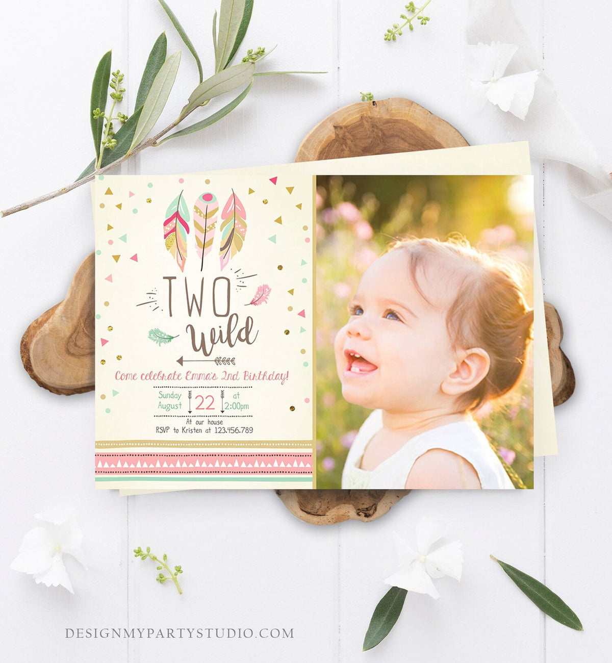 Editable Two Wild Birthday Invitation Feathers Tribal Girl Pink Boho Arrow Coral Mint Instant Download Printable Corjl Template Digital 0073