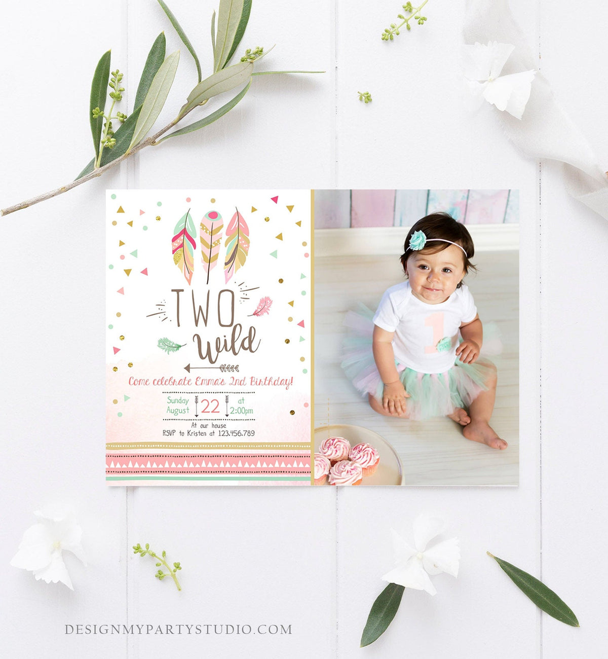 Editable Two Wild Birthday Invitation Feathers Tribal Girl Pink Boho Arrow Coral Mint Instant Download Printable Corjl Template Digital 0073