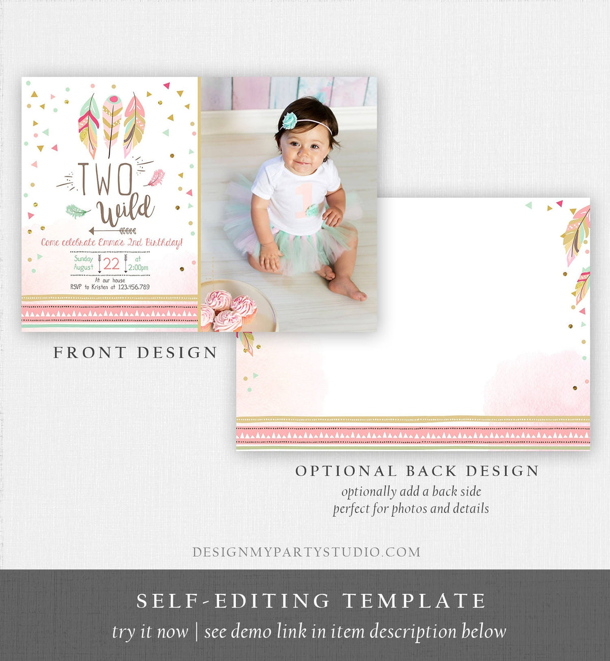 Editable Two Wild Birthday Invitation Feathers Tribal Girl Pink Boho Arrow Coral Mint Instant Download Printable Corjl Template Digital 0073