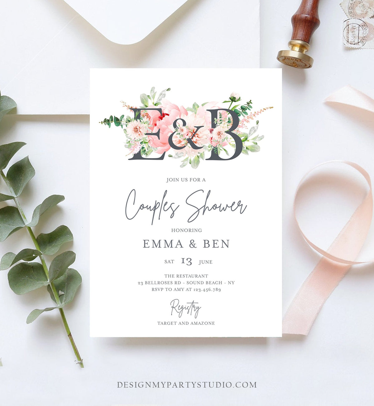 Editable Monogram Botanical Flowers Bridal Shower Invitation Floral Greenery Couples Pastel Pink Peony Corjl Template Printable  0167