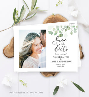 Editable Eucalyptus Save the Date Postcard Wedding Photo Card Wedding Date Greenery Bohemian Instant Download Printable Template Corjl 0029