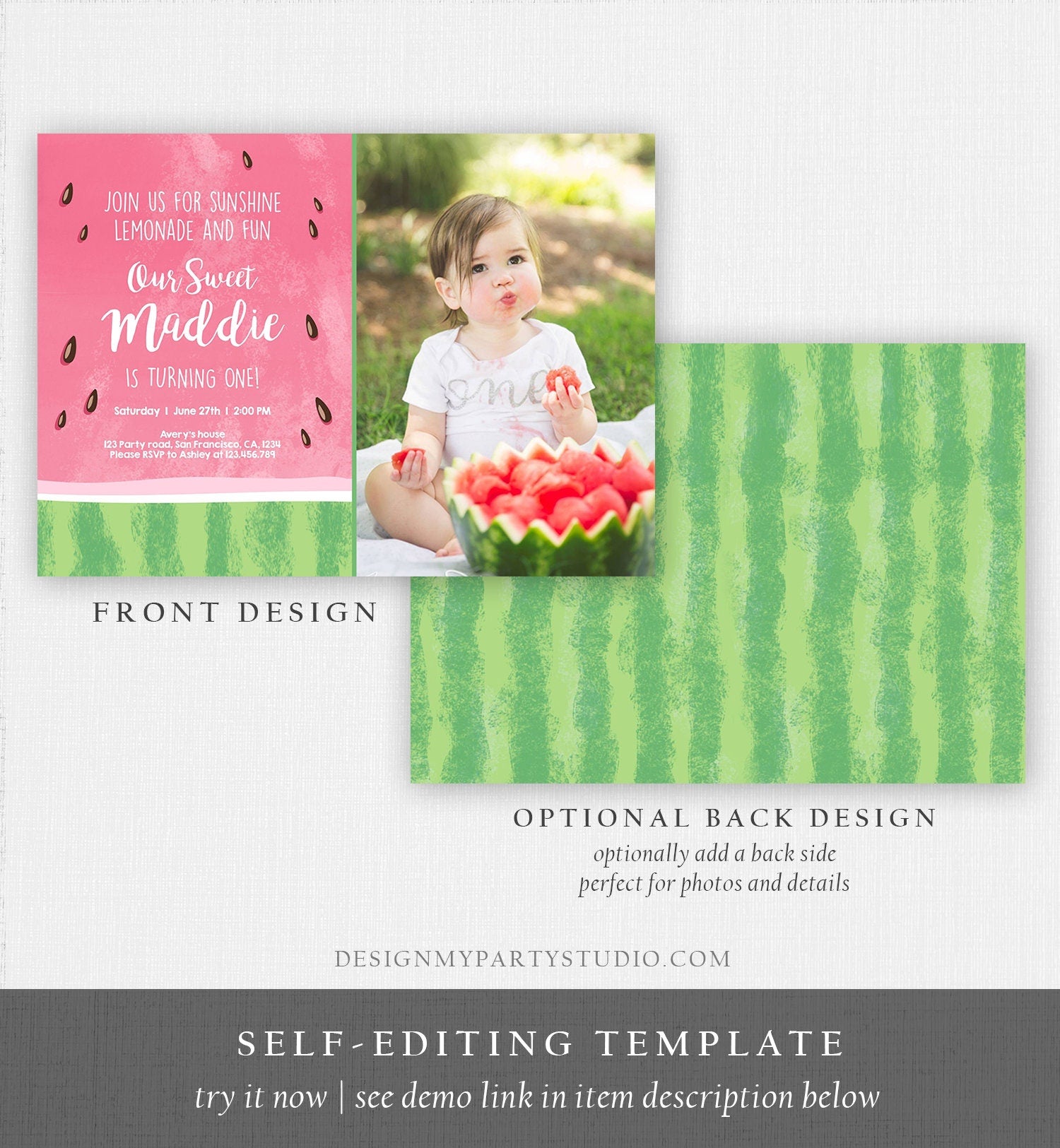 Editable Watermelon Birthday Invitation One in a Melon Invite Melon Party Summer Lemonade Download Printable Template Digital Corjl 0250