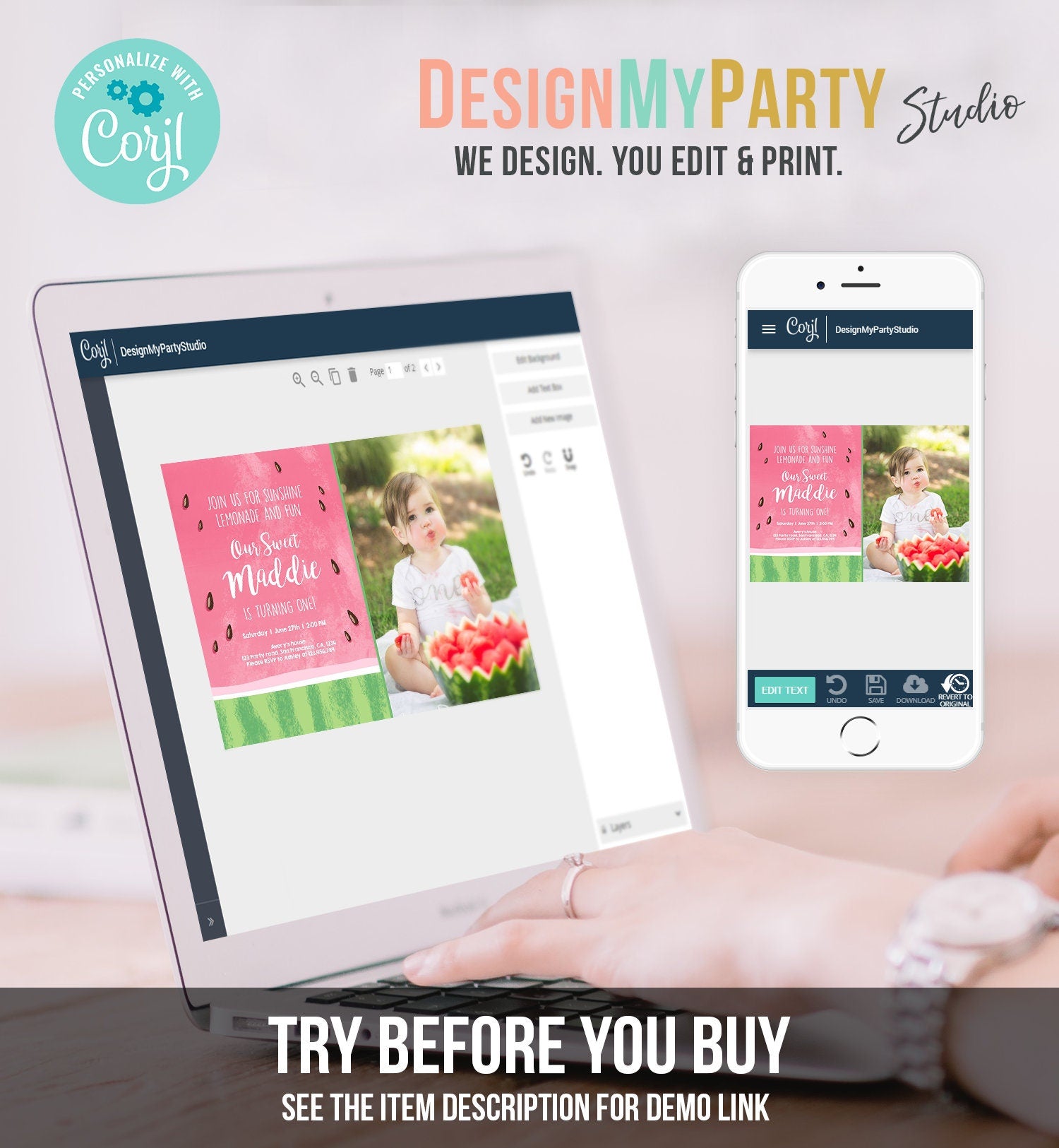 Editable Watermelon Birthday Invitation One in a Melon Invite Melon Party Summer Lemonade Download Printable Template Digital Corjl 0250