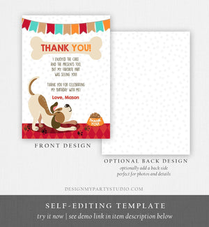 Editable Puppy Thank You Card Pawty Birthday Thank you Note Dog Themed First Birthday Boy Red Download Printable Template Corj 0048