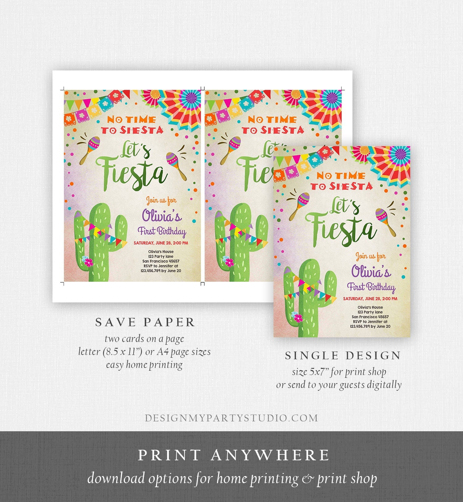 Editable Let's Fiesta Birthday Invitation No Time To Siesta Girl Cactus Samba Confetti First Birthday Download Corjl Template Printable 0045