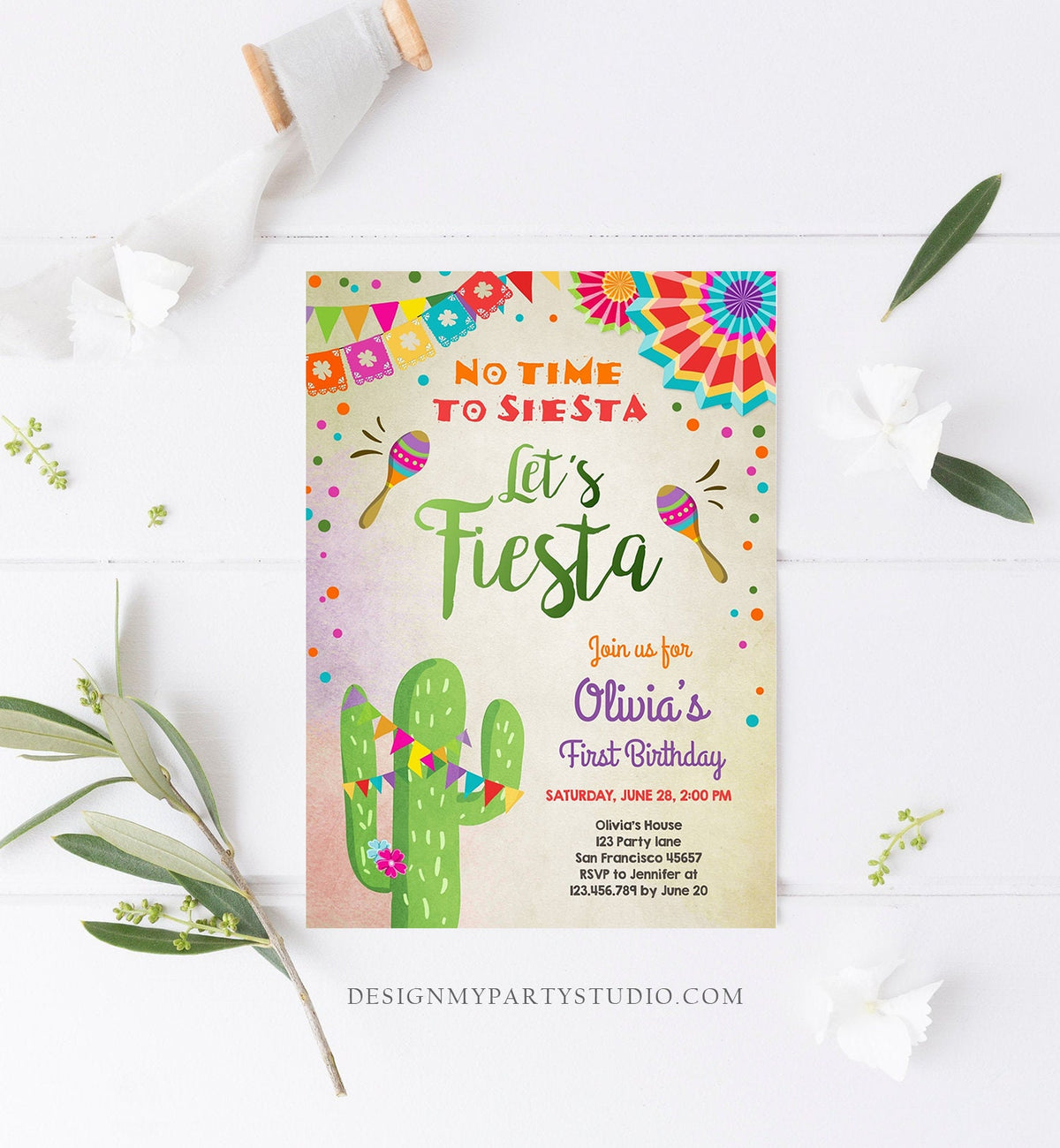 Editable Let&#39;s Fiesta Birthday Invitation No Time To Siesta Girl Cactus Samba Confetti First Birthday Download Corjl Template Printable 0045