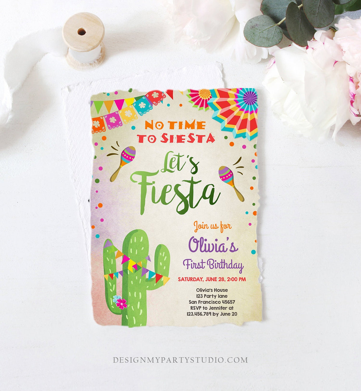 Editable Let&#39;s Fiesta Birthday Invitation No Time To Siesta Girl Cactus Samba Confetti First Birthday Download Corjl Template Printable 0045