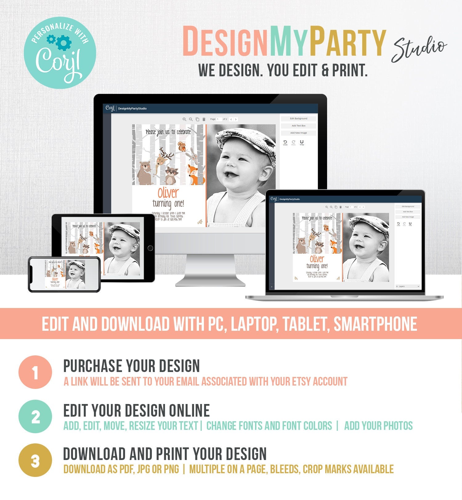 Editable Birthday Invitation Woodland First Birthday Forest Animals Bear Fox Birch Trees Simple Boy Download Printable Template Corjl 0010