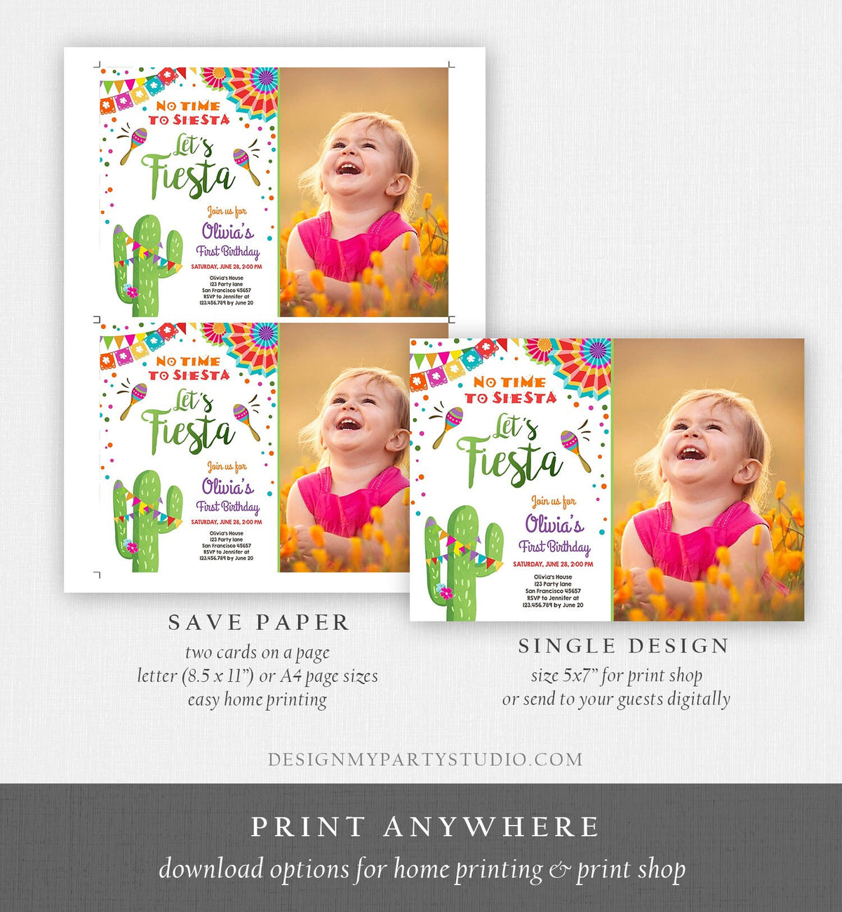 Editable Let&#39;s Fiesta Birthday Invitation No Time To Siesta Girl Cactus Samba Confetti First Birthday Photo Corjl Template Printable 0045