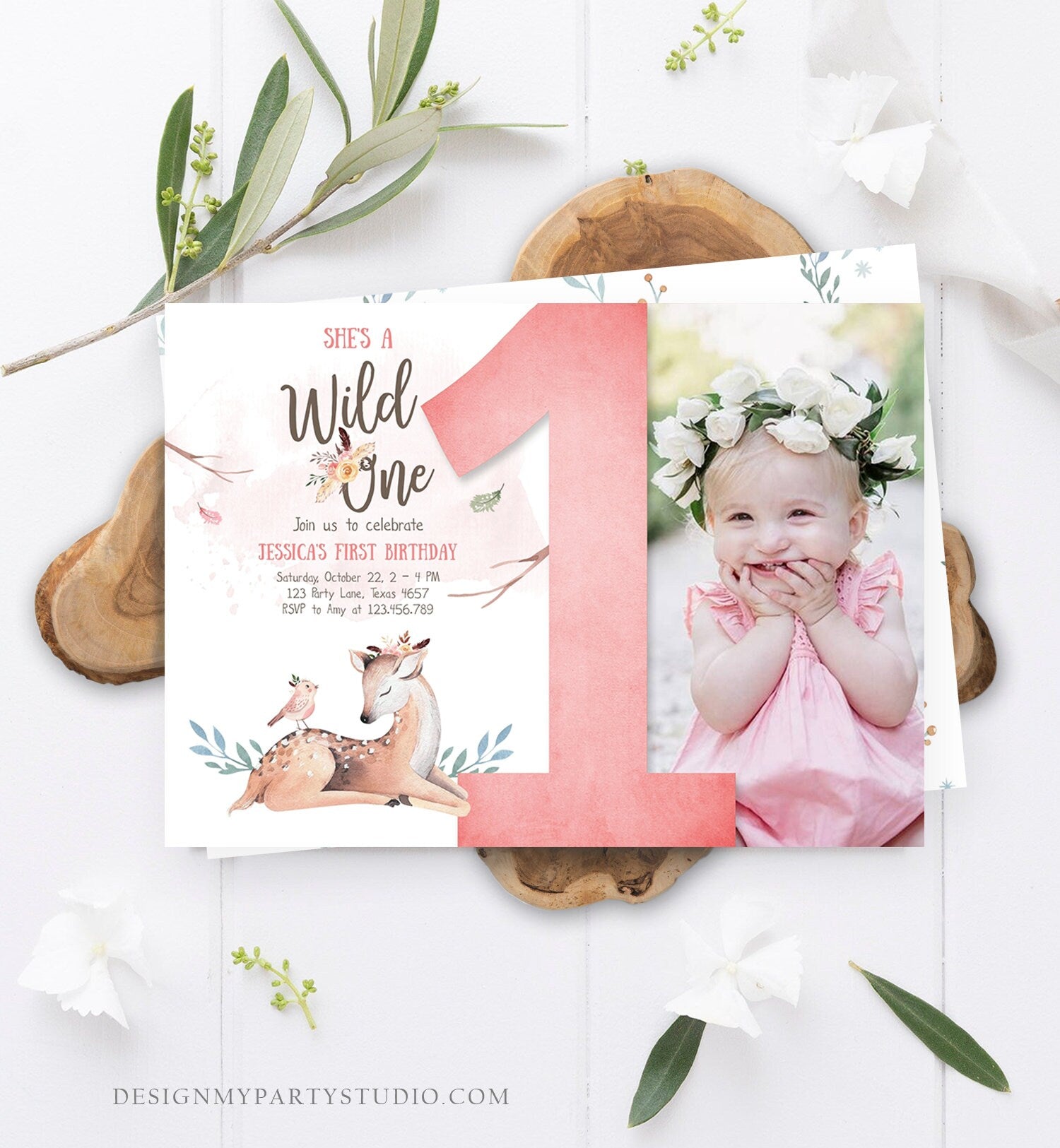 Editable Birthday Invitation Wild One Girl Invite Tribal Boho Arrow Feathers Deer Woodland Pink Download Printable Template Corjl 0192