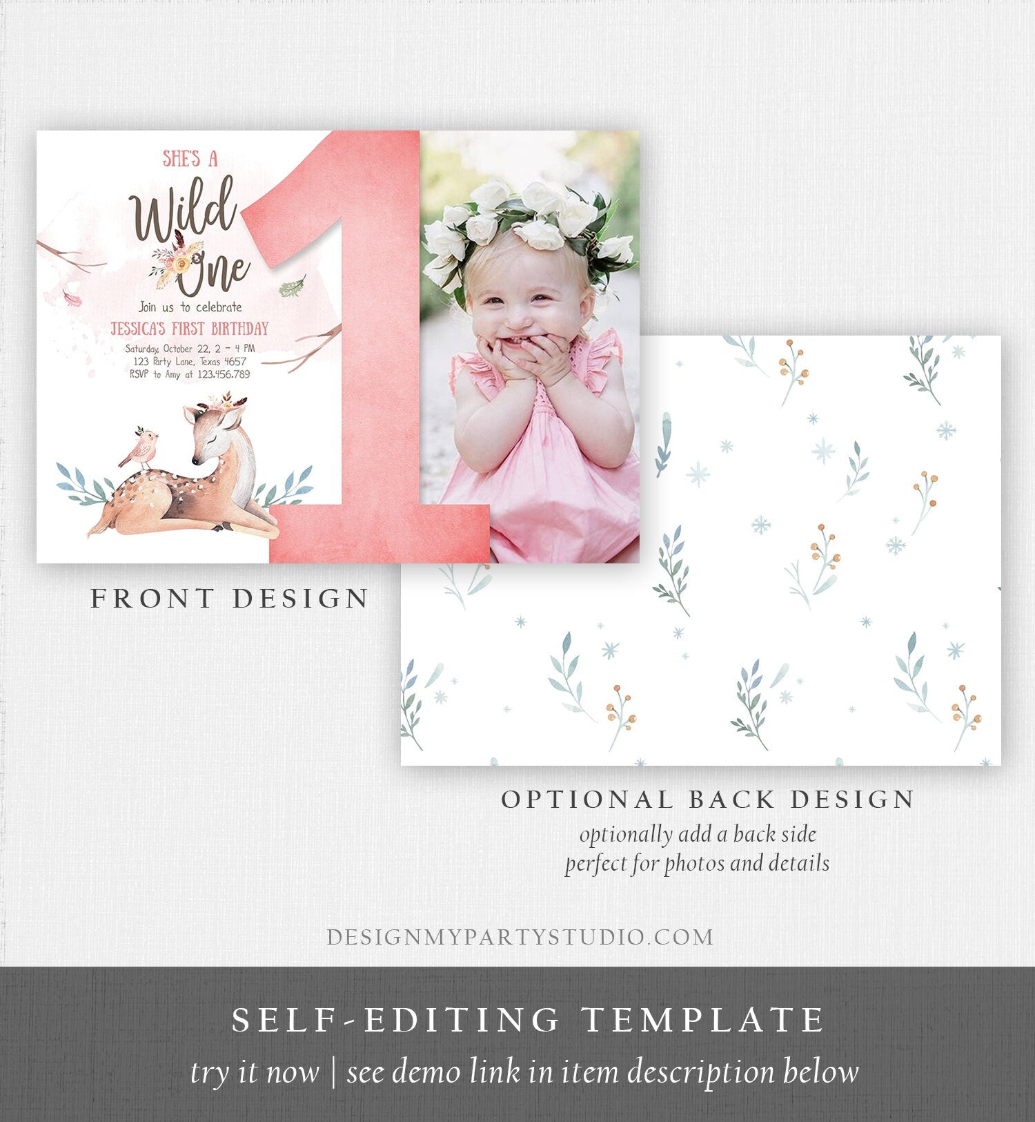 Editable Birthday Invitation Wild One Girl Invite Tribal Boho Arrow Feathers Deer Woodland Pink Download Printable Template Corjl 0192