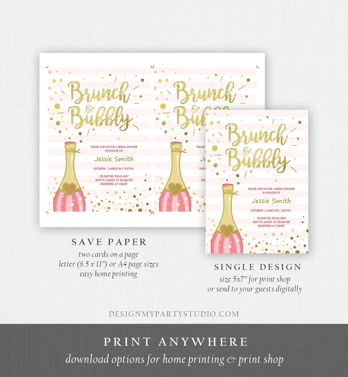 Editable Brunch and Bubbly Bridal Shower Invitation Champagne Bottle Pink and Gold Wedding Download Printable Template Digital Corjl 0051