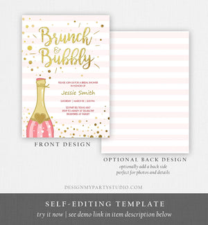 Editable Brunch and Bubbly Bridal Shower Invitation Champagne Bottle Pink and Gold Wedding Download Printable Template Digital Corjl 0051