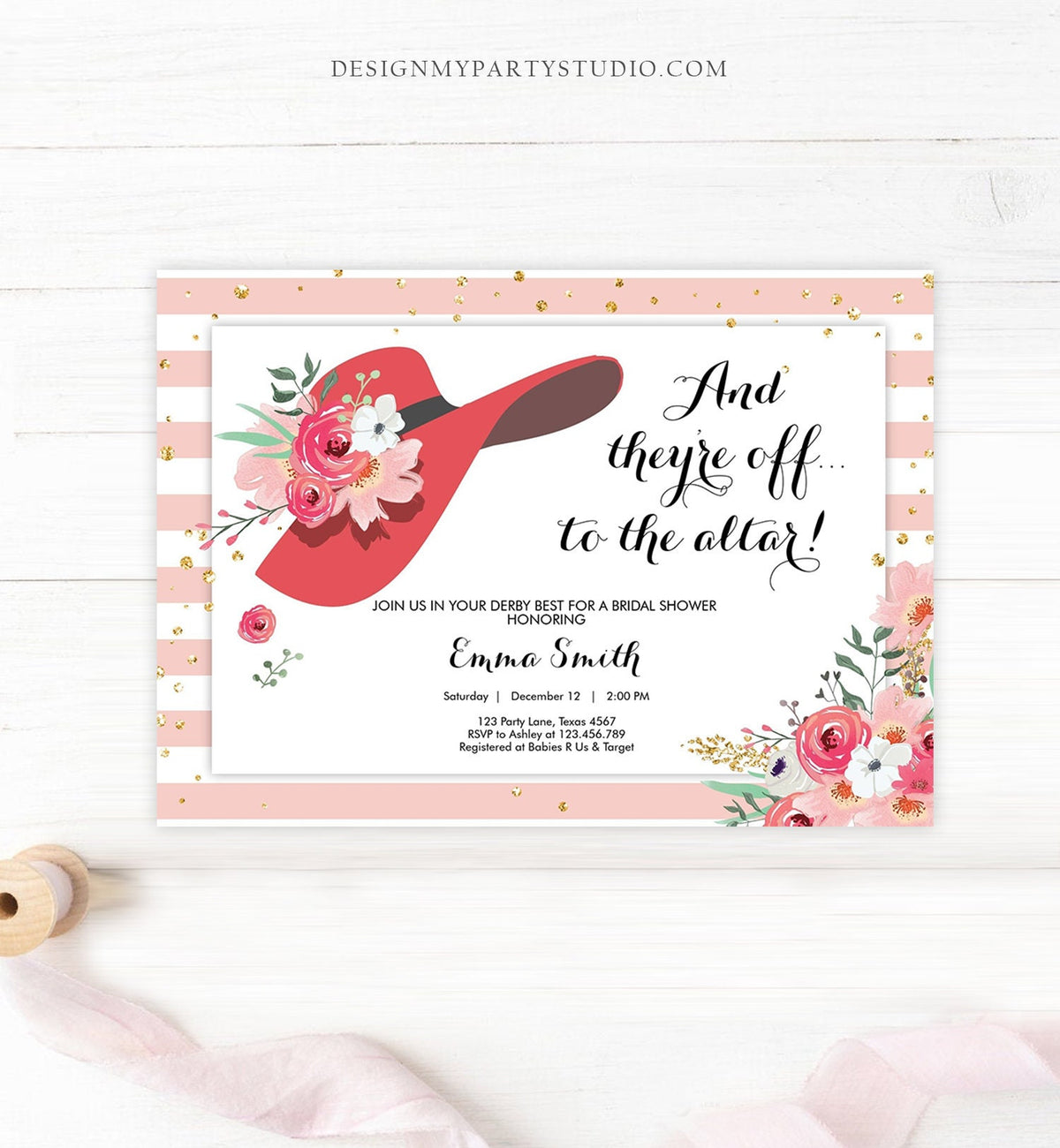 Editable Bridal Shower Invitation Derby Wear a Hat Horse races Floral Flowers Gold Rose Blush Pink Download Printable Template Corjl 0249
