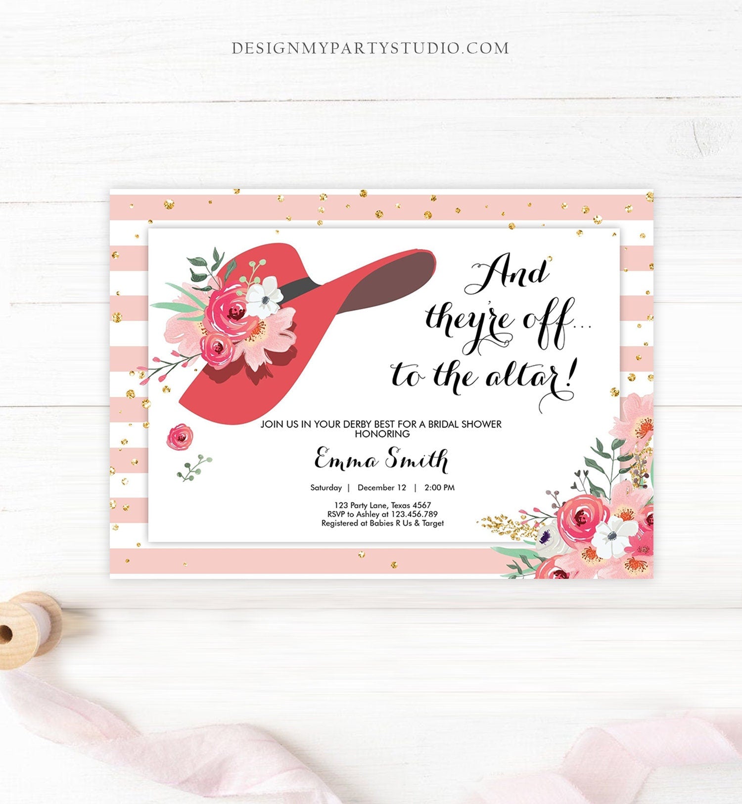 Editable Bridal Shower Invitation Derby Wear a Hat Horse races Floral Flowers Gold Rose Blush Pink Download Printable Template Corjl 0249