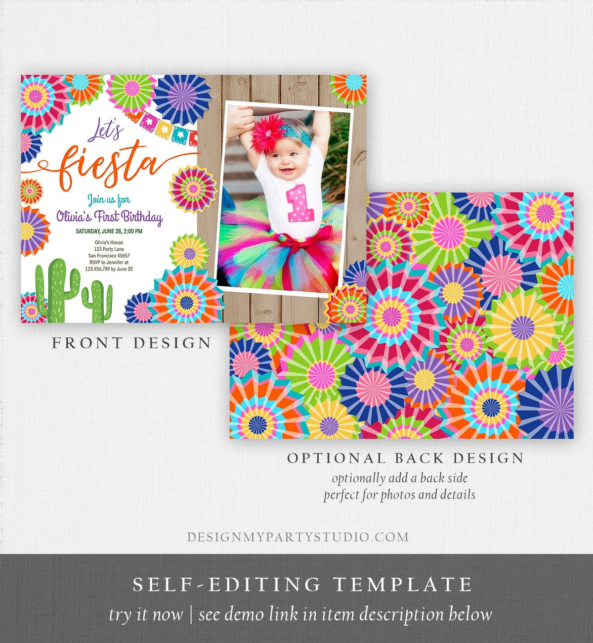 Editable Let&#39;s Fiesta Birthday Invitation ANY AGE Girl First Birthday Uno Cactus Cinco Mayo Mexican Photo Corjl Template Printable 0236