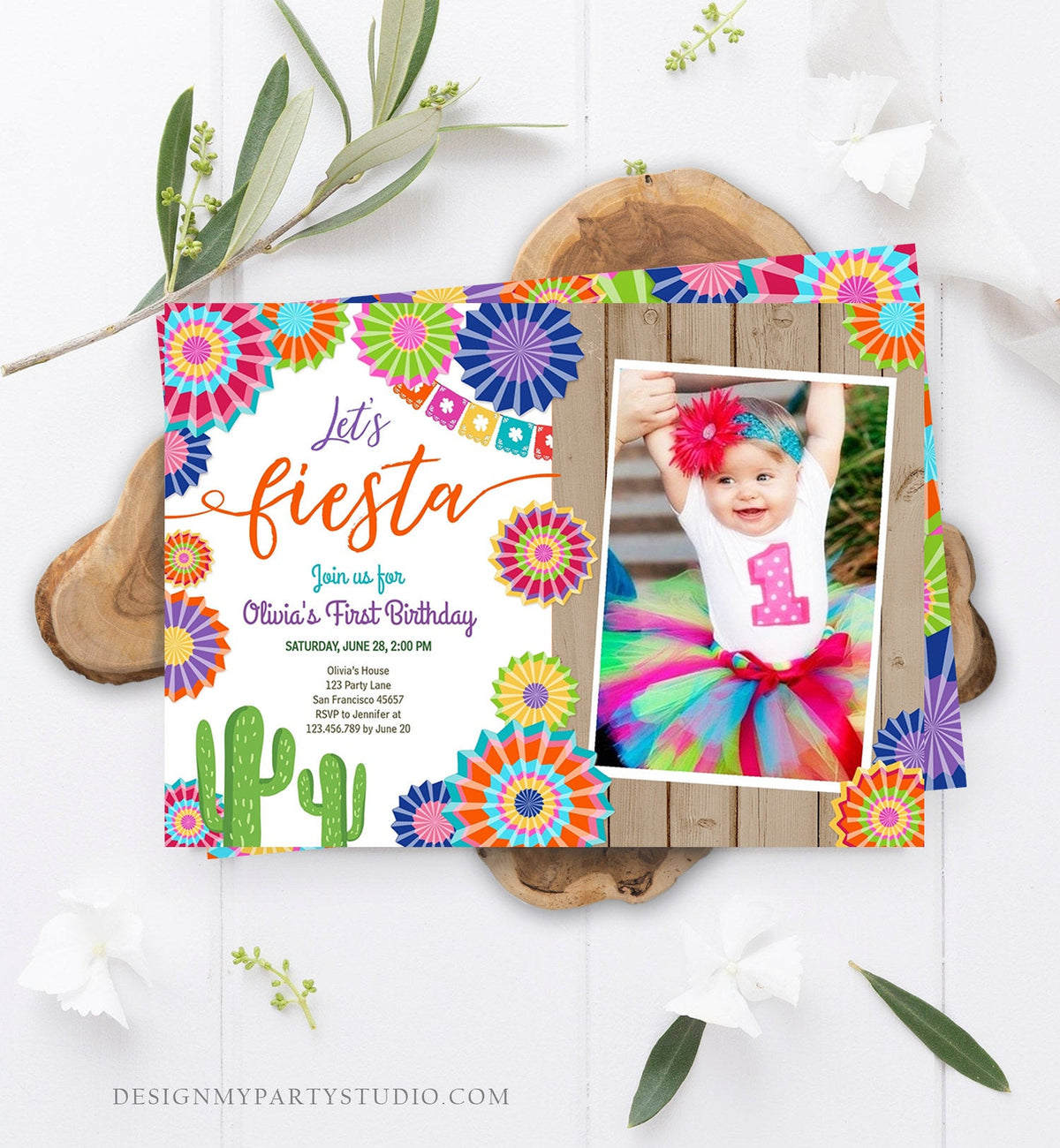 Editable Let&#39;s Fiesta Birthday Invitation ANY AGE Girl First Birthday Uno Cactus Cinco Mayo Mexican Photo Corjl Template Printable 0236