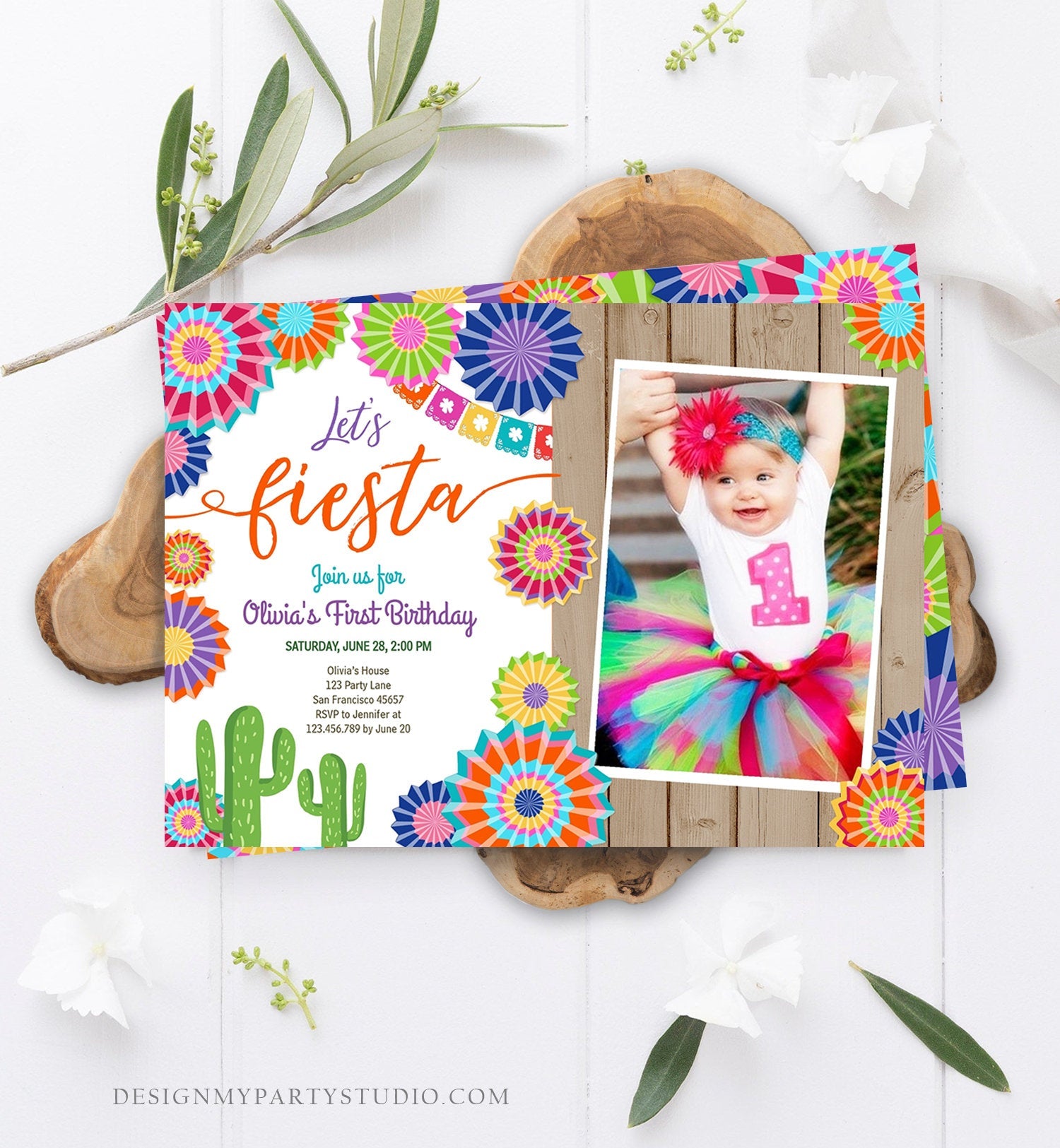 Editable Let's Fiesta Birthday Invitation ANY AGE Girl First Birthday Uno Cactus Cinco Mayo Mexican Photo Corjl Template Printable 0236