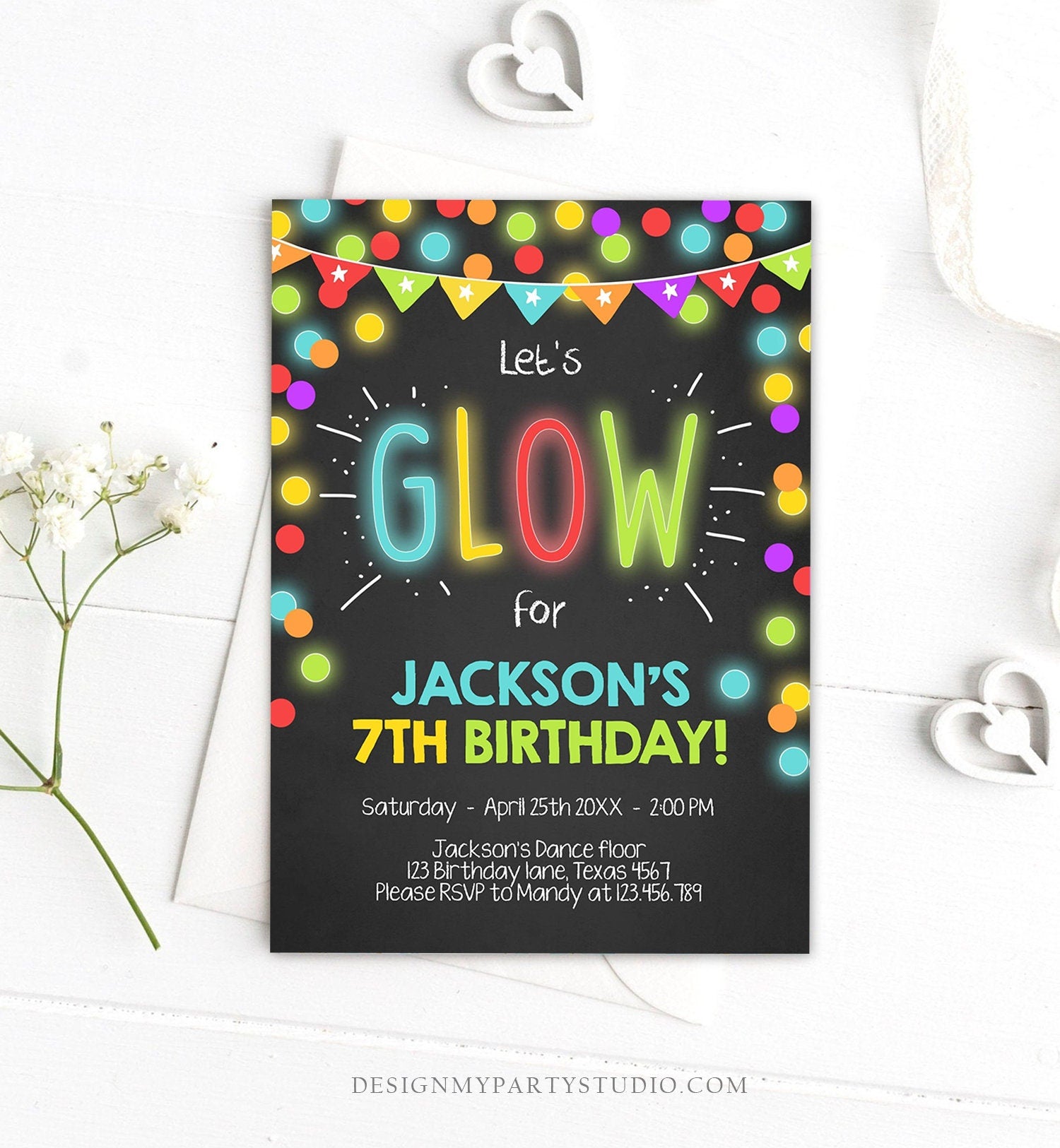 Editable Glow Birthday Invitation Glow Party Invite Neon Glow In The Dark Party Boys Teen Pink Download Printable Template Corjl 0310